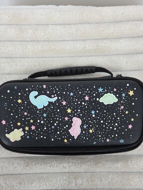 Handheld Console Carry Case - Black with Pastel Dinosaur Design